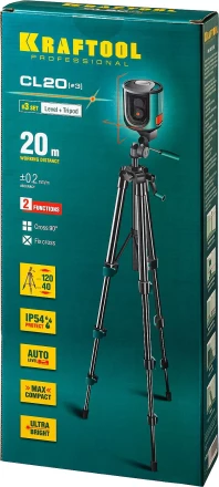 Нивелир лазерный линейный CL-20, сверхъяркий, KRAFTOOL 34700-3, штатив (35-110см), чехол, 20м, IP54, точн. 0,2 мм/м 34700-3 купить в Ижевске