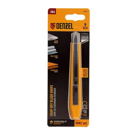 Нож, 9 мм, сменное лезвие, SK4, метал. направляющая, клипса, нажимной фиксатор// Denzel 78931 купить в Ижевске
