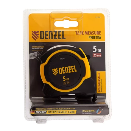 Рулетка Denzel 5м х 25мм, двухкомп. корпус, магнитный обрезиненный зацеп, 31532 купить в Ижевске