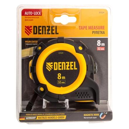 Рулетка Denzel 8м х 32мм, автоматич. фиксац., нейлон. покрытие, магнит. зацеп, двухстор. разметка, 31524 купить в Ижевске
