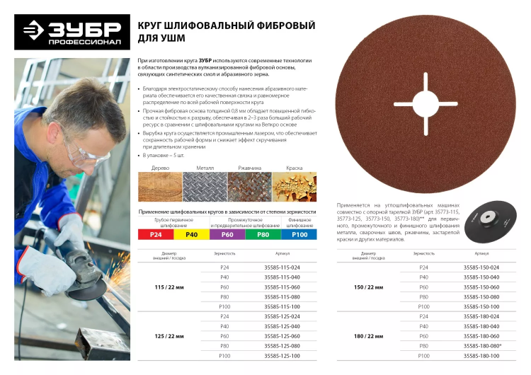 Круг шлифовальный ЗУБР "ПРОФИ" фибровый, для УШМ, P60, 115х22мм, 5 листов 35585-115-060 купить в Ижевске