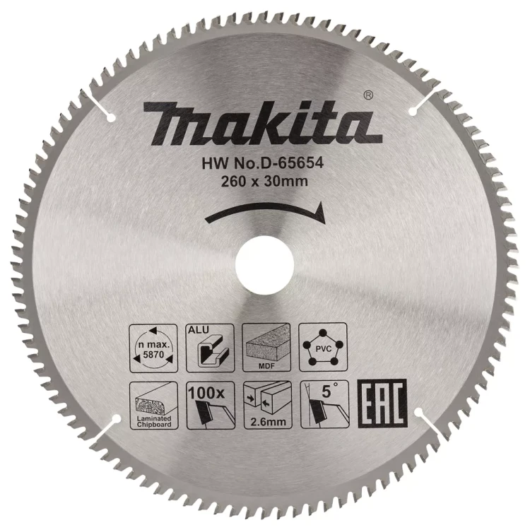 Диск пильный универсальный для алюминия/дерева/пластика Makita D-65654, 260x30x1.8 мм; 100 зубьев купить в Ижевске