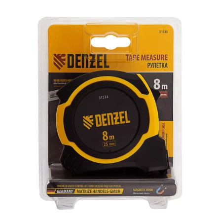 Рулетка Denzel 8м х 25мм, двухкомп. корпус, магнитный обрезиненный зацеп, 31533 купить в Ижевске
