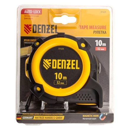 Рулетка Denzel 10м х 32мм, автоматич. фиксац., нейлон. покрытие, магнит. зацеп, двухстор. разметка, 31525 купить в Ижевске