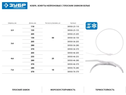 Кабельные стяжки белые КОБРА, с плоским замком, 3.6 х 205 мм, 50 шт, нейлоновые, ЗУБР 30930-36-205 купить в Ижевске
