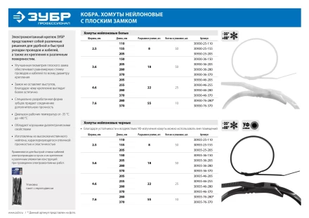 Кабельные стяжки белые КОБРА, с плоским замком, 3.6 х 205 мм, 50 шт, нейлоновые, ЗУБР 30930-36-205 купить в Ижевске