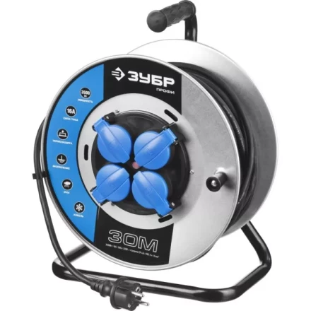 Удлинитель ЗУБР &quot;ПРОФИ&quot; на металл катушке, КГ 3х1,5кв мм, морозостойкий, 4 гнезда, IP44, макс мощность 3500Вт, 30м 55085-30 купить в Ижевске
