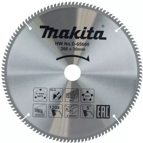 Диск пильный универсальный для алюминия/дерева/пластика Makita D-65660, 260x30x1.8 мм; 120 зубьев купить в Ижевске