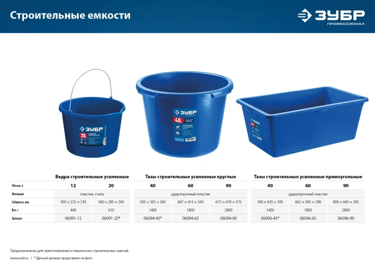 ЗУБР 60 л, первичный высокопрочный пластик, усиленный прямоугольный строительный таз (06096-65) купить в Ижевске