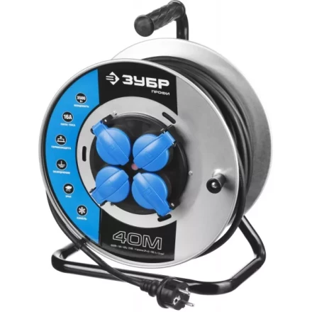 Удлинитель ЗУБР &quot;ПРОФИ&quot; на металл катушке, КГ 3х1,5кв мм, морозостойкий, 4 гнезда, IP44, макс мощность 3500Вт, 40м 55085-40 купить в Ижевске