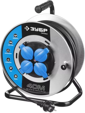 Удлинитель ЗУБР &quot;ПРОФИ&quot; на металл катушке, КГ 3х1,5кв мм, морозостойкий, 4 гнезда, IP44, макс мощность 3500Вт, 40м 55085-40 купить в Ижевске