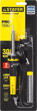 Паяльник с двухкомпонентной рукояткой и долговечным жалом, STAYER &quot;PROFI&quot; PROTerm, 55300-30, в комплекте (припой и подставка), 30 Вт, конус 55300-30 купить в Ижевске