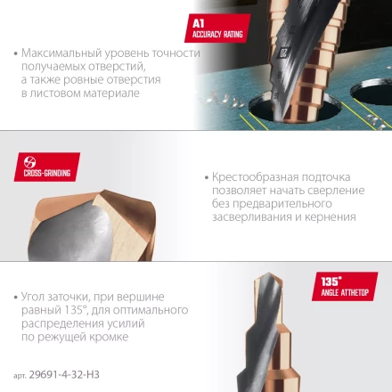 Набор ступенчатых сверл, сталь c кобальтом, спиральная проточка, 3Т хвостовик 29691-4-32-H3 купить в Ижевске