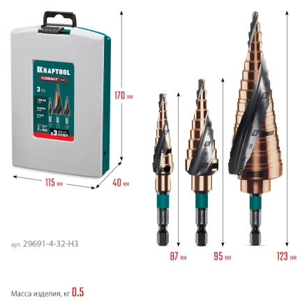 Набор ступенчатых сверл, сталь c кобальтом, спиральная проточка, 3Т хвостовик 29691-4-32-H3 купить в Ижевске