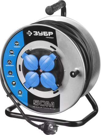Удлинитель ЗУБР &quot;ПРОФИ&quot; на металл катушке, КГ 3х1,5кв мм, морозостойкий, 4 гнезда, IP44, макс мощность 3500Вт, 50м 55085-50 купить в Ижевске