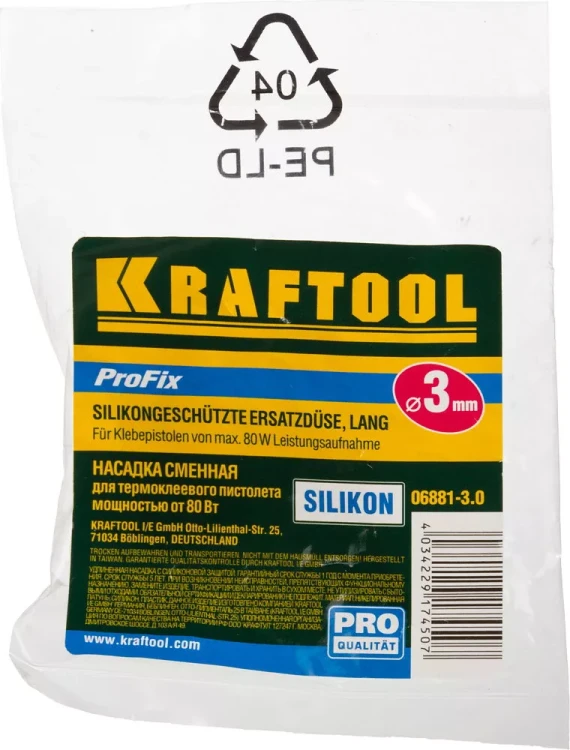 Насадка сменная KRAFTOOL "PRO" для клеевых (термоклеящих) пистолетов, удлиненная насадка с силиконовой защитой, d=3мм 06881-3.0 купить в Ижевске