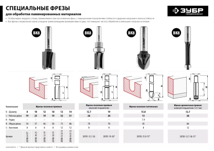 ЗУБР 19 x 26 мм, хвостовик 8 мм, фреза пазовая прямая с верхним подшипником, Профессионал (28781-19-26) купить в Ижевске