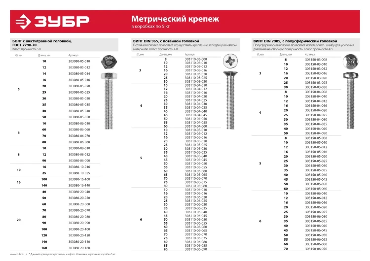 Винт ЗУБР "МАСТЕР" DIN 965, класс прочности 4.8, оцинкованный, M5x40мм, 5кг 303110-05-040 купить в Ижевске