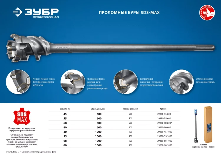 ЗУБР 80 х 500/600 мм, SDS-max проломной бур, Профессионал (29330-80-600) купить в Ижевске