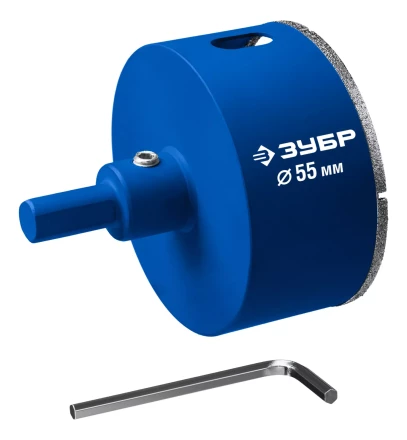 ЗУБР АГК d 55 мм (центр. сверло, трехгр. хвост, Р60), Алмазная коронка, Профессионал (29850-55) купить в Ижевске