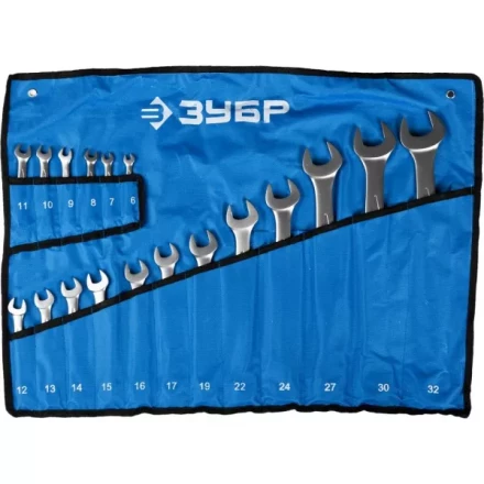 Набор ЗУБР &quot;ПРОФИ&quot;: Ключ гаечный комбинированный, Cr-V сталь, хромированный, 6-32мм, 18шт 27022-H18 купить в Ижевске