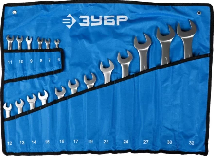 Набор ЗУБР &quot;ПРОФИ&quot;: Ключ гаечный комбинированный, Cr-V сталь, хромированный, 6-32мм, 18шт 27022-H18 купить в Ижевске