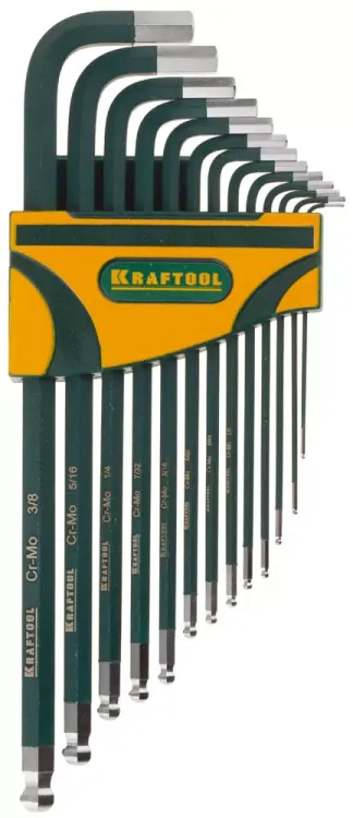 Набор ключей имбусовых KRAFTOOL"INDUSTRIE" длинные,дюймовые,Cr-Mo сталь(S2),Cr покрытие с противоскол напыл,SAE HEX0.05-3/8,13шт 27444-H13 купить в Ижевске