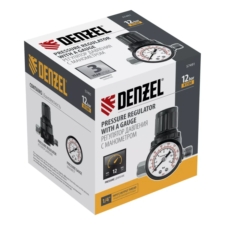 Регулятор давления с манометром Denzel R1500, 12 бар, 1/4", 57491 купить в Ижевске