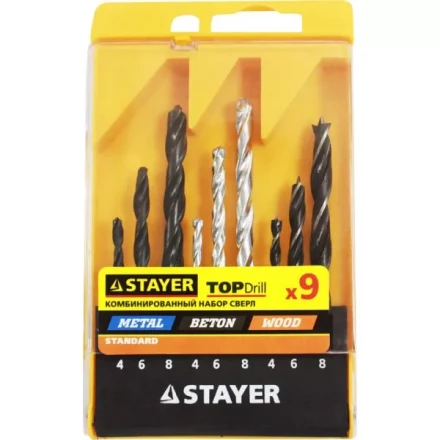 Набор STAYER &quot;STANDARD&quot;: Сверла комбинированные, дерево (4-6-8мм), металл (4-6-8мм), бетон (4-6-8мм), 9 предметов 29720-H9 купить в Ижевске