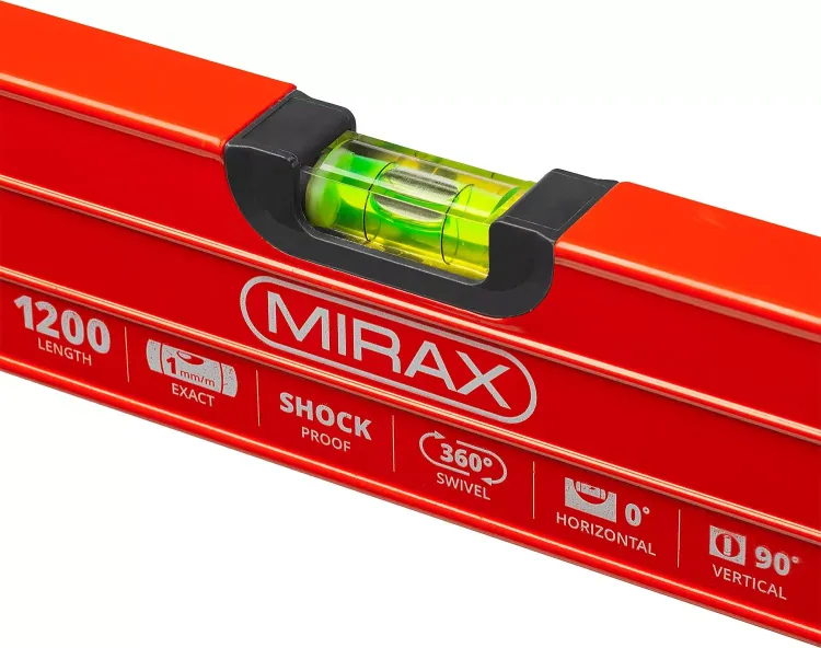 Уровень коробчатый усиленный MIRAX, утолщенный профиль, 3 противоударных ампулы (1 поворотная на 360 град), с ручками, 120 см 34603-120 купить в Ижевске