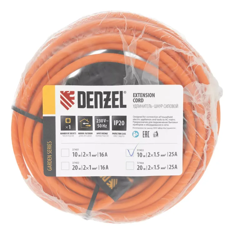 Удлинитель-шнур силовой Denzel Garden Series, б/з, ПВС, 10м, 1 розетка, 2 x 1,5 мм, 3 м 37403 купить в Ижевске