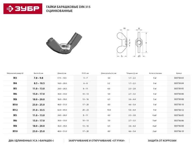 Гайка ЗУБР "МАСТЕР" барашковая, DIN 315, оцинкованная, M8, 5кг 303730-08 купить в Ижевске