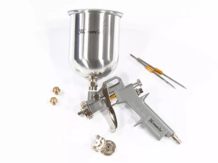 Пневматический краскопульт с верхним бачком V=1,0 л + сопла диаметром 1.2, 1.5 и 1.8 мм  MATRIX 57315 купить в Ижевске
