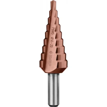 Сверло ЗУБР &quot;КОБАЛЬТ&quot; ступен. по сталям и цвет. мет. ст. Р6М5 с кобальт. покрыт., d=4-20мм, 9ст. d=4-20, L-75мм, 3-хгр.хв.8мм 29672-4-20-9_z01 купить в Ижевске