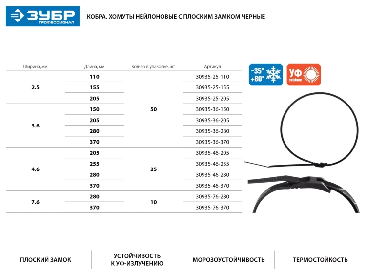 Кабельные стяжки черные КОБРА, с плоским замком, 3.6 х 280 мм, 50 шт, нейлоновые, ЗУБР 30935-36-280 купить в Ижевске
