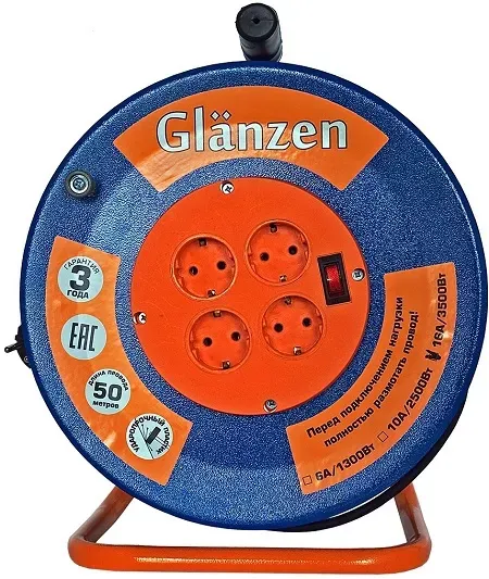 Удлинитель силовой на катушке GLANZEN 4 гн. КГ 3х2,5 ЕВ-50-010 купить в Ижевске
