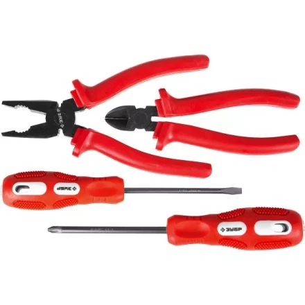 Набор слесарно-монтажного инструмента ЗУБР &quot;МАСТЕР&quot;: 2 отвертки, плоскогубцы и бокорезы, 4 предмета 22015-H4 купить в Ижевске