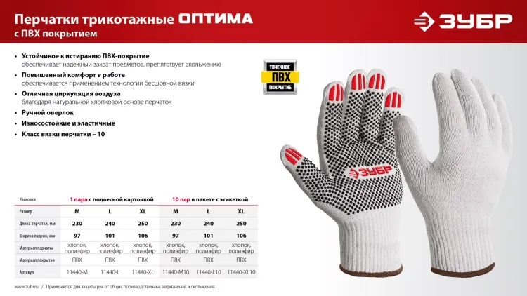 ЗУБР ОПТИМА, М (8), х/б перчатки с ПВХ покрытием (точка), 10 класс (11440-М) купить в Ижевске
