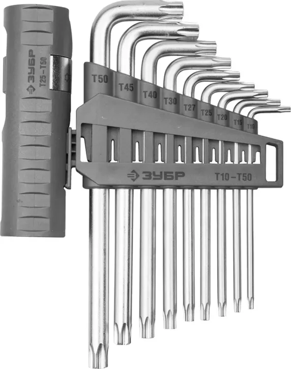 Набор ЗУБР Ключи "ЭКСПЕРТ" имбусовые длинные с шариком, Cr-Mo, сатинир. покр., держатель-рукоятка, TORX Т10-Т50, 9 пред 2745-4-1_z01 купить в Ижевске