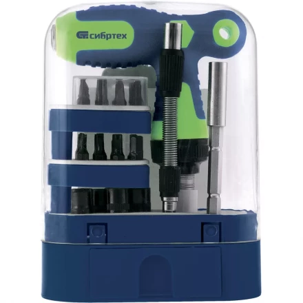 Отвертка Т-образная реверсивная с набором бит торцевых головок 33 предмета CrV Сибртех артикул 13382 купить в Ижевске