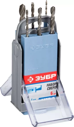 Набор ЗУБР ЗУБР &quot;МАСТЕР&quot;: по металлу, цилиндр хвостовик, быстрорежущая сталь Р6М5, 2,3,4,5,6,8мм, 6шт в супер боксе 4-29621-H6-SB купить в Ижевске