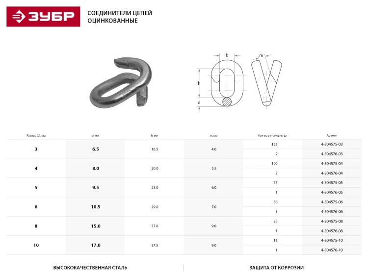 Соединитель цепей ЗУБР, оцинкованный, 6мм, 1 шт 4-304576-06 купить в Ижевске