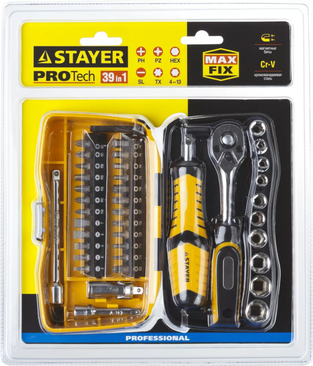 Набор STAYER "PROFESSIONAL": Биты и торцовые головки с трещеткой и воротком, 39 предметов 25135-H39 купить в Ижевске