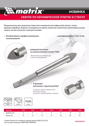 Сверло по керамической плитке и стеклу, 6 мм, шестигранный хвостовик Matrix 72836 купить в Ижевске