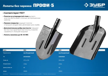 ЗУБР ПРОФИ-5, 375 х 210 мм, полотно рессорная сталь 1.6 мм закалено, c ребрами жесткости, без черенка, тип ЛКО, штыковая лопата, Профессионал (39450) купить в Ижевске