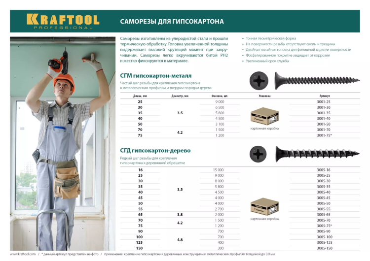 Саморезы СГД гипсокартон-дерево, 75 х 4.2 мм, 1 200 шт, фосфатированные, KRAFTOOL 3005-75 купить в Ижевске
