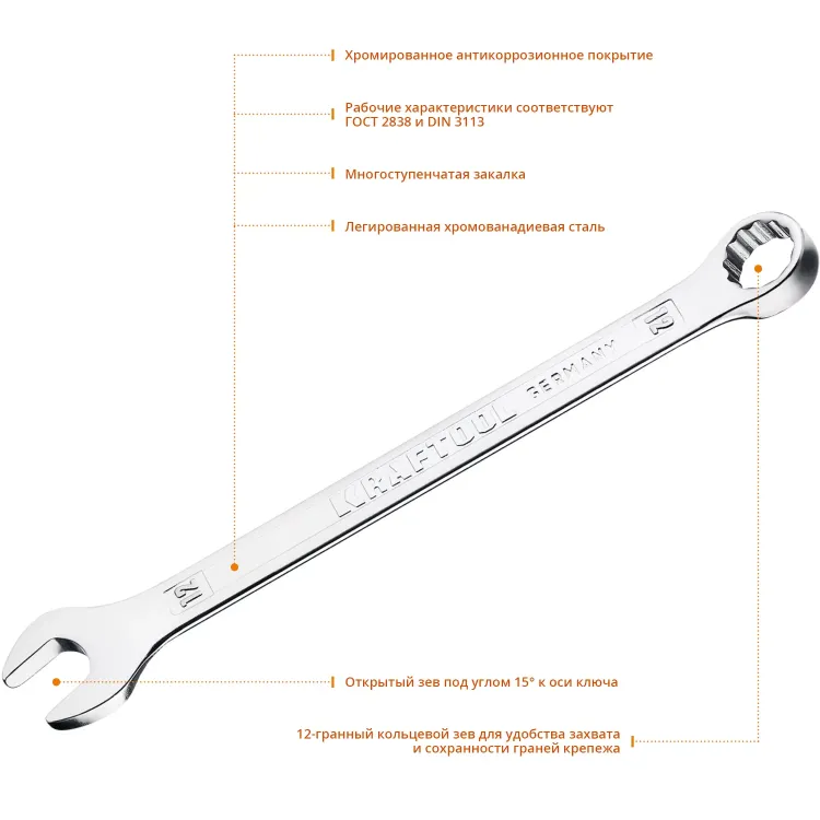 Ключи комбинированные KRAFTOOL, Cr-V, DIN 3113 27079-12 купить в Ижевске