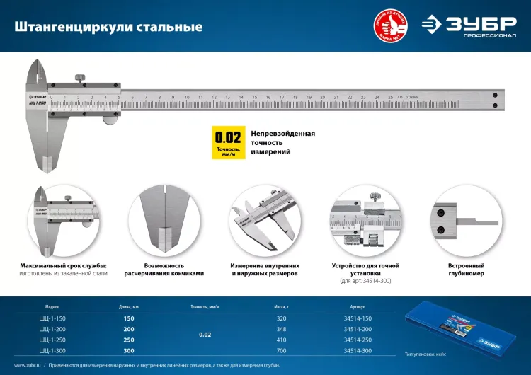 ЗУБР ШЦ-1-250, 250 мм, стальной штангенциркуль, Профессионал (34514-250) купить в Ижевске