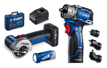 ЗУБР КОМБИ #5 набор: дрель-шуруповерт + мини УШМ + LED фонарь, BRUSHLESS, 12 В, 45 Н·м, 2 АКБ тип Т7 (4 и 2 А·ч), кейс, Профессионал (DB-125-42ABF) купить в Ижевске