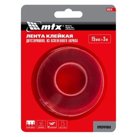 Двусторонняя клейкая лента из вспененного акрила, прозрачная, 15 мм x 3 м Matrix 89078 купить в Ижевске